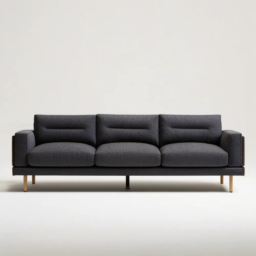 Trzyosobowa sofa ciemnoszara z czarną podstawą i jasnobrązowymi nogami 220 x 90 x 82 cm