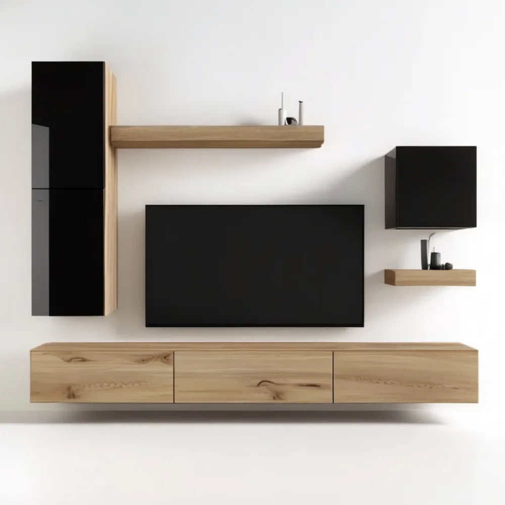 Zestaw RTV wiszący czarny/dąb naturalny, 240 x 35 x 180 cm