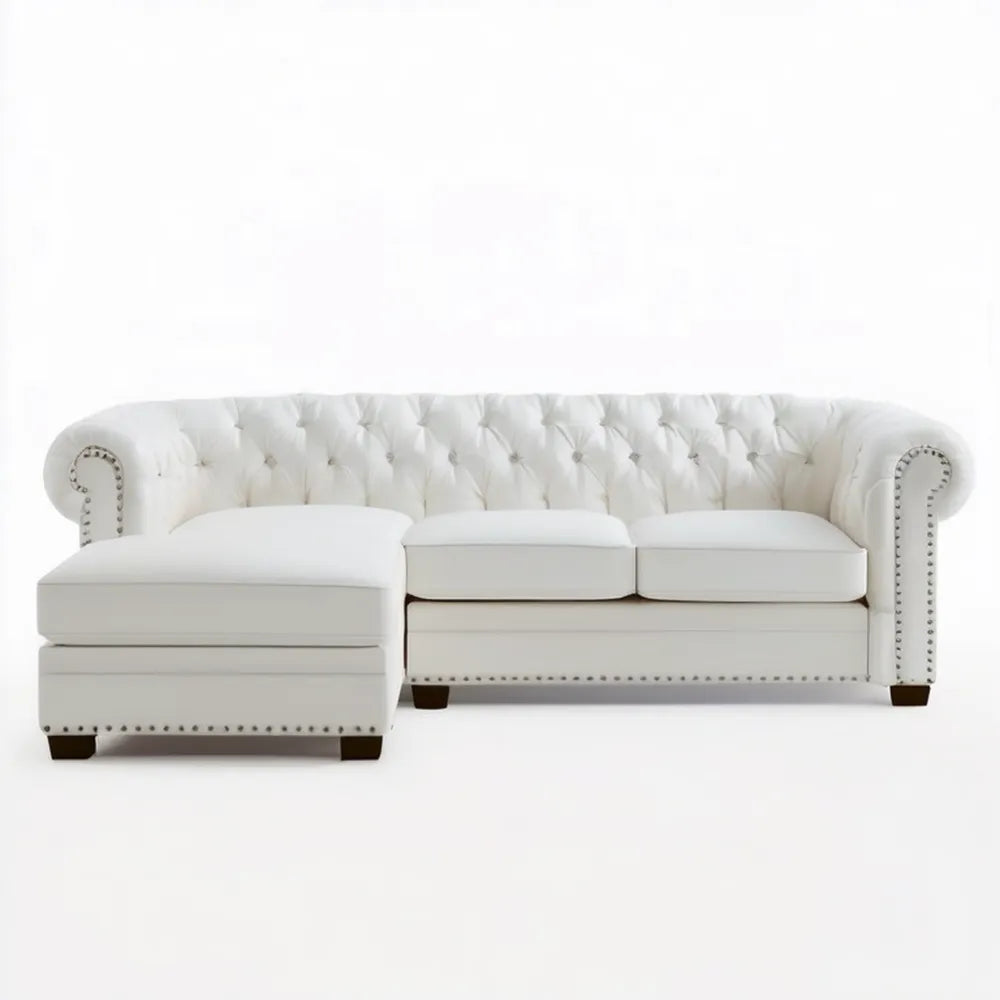 Biała sofa narożna Chesterfield z lewostronnym szezlongiem, ekoskóra PU, 275 × 165 × 75 cm