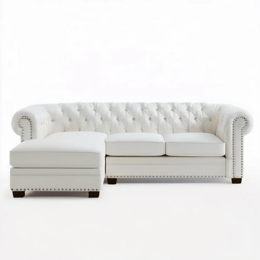 Biała sofa narożna Chesterfield z lewostronnym szezlongiem, ekoskóra PU, 275 × 165 × 75 cm