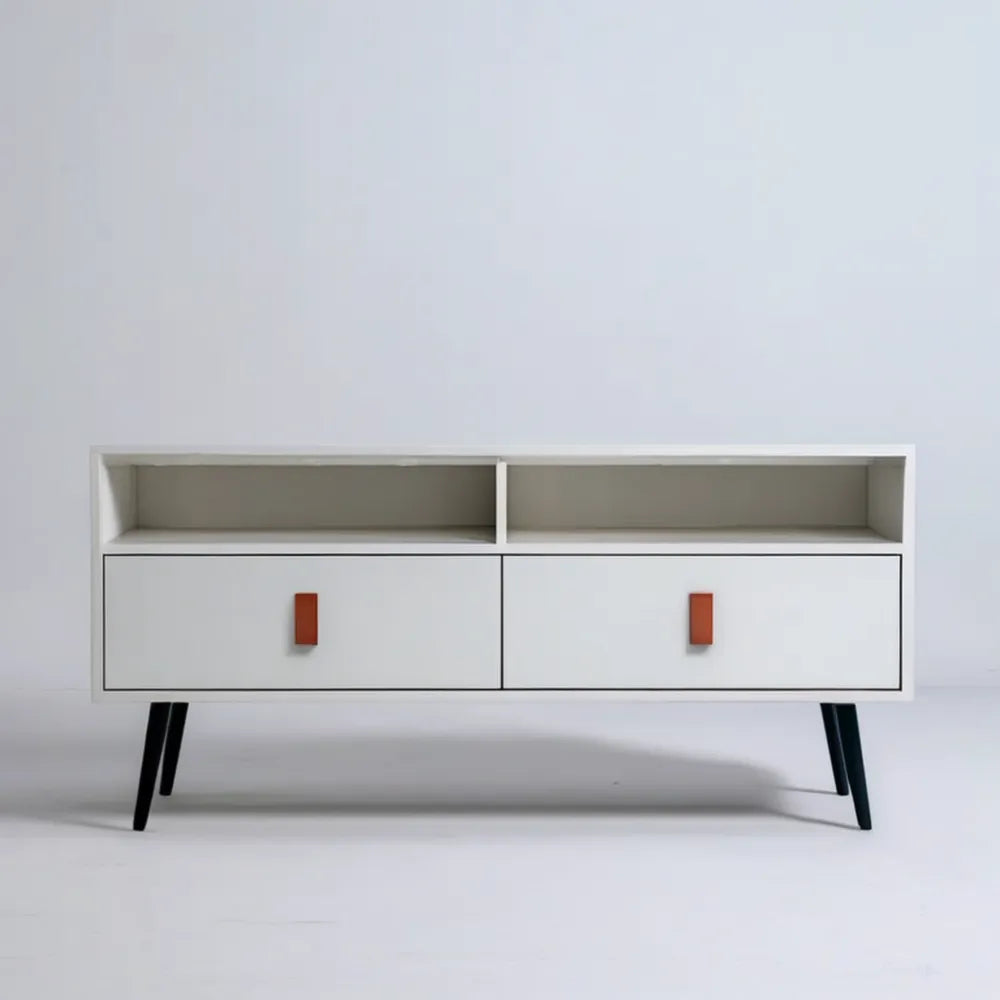 Biała szafka RTV z MDF 120 x 40 x 60 cm z 2 drzwiami i otwartymi wnękami