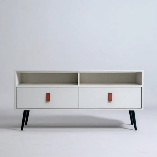 Biała szafka RTV z MDF 120 x 40 x 60 cm z 2 drzwiami i otwartymi wnękami