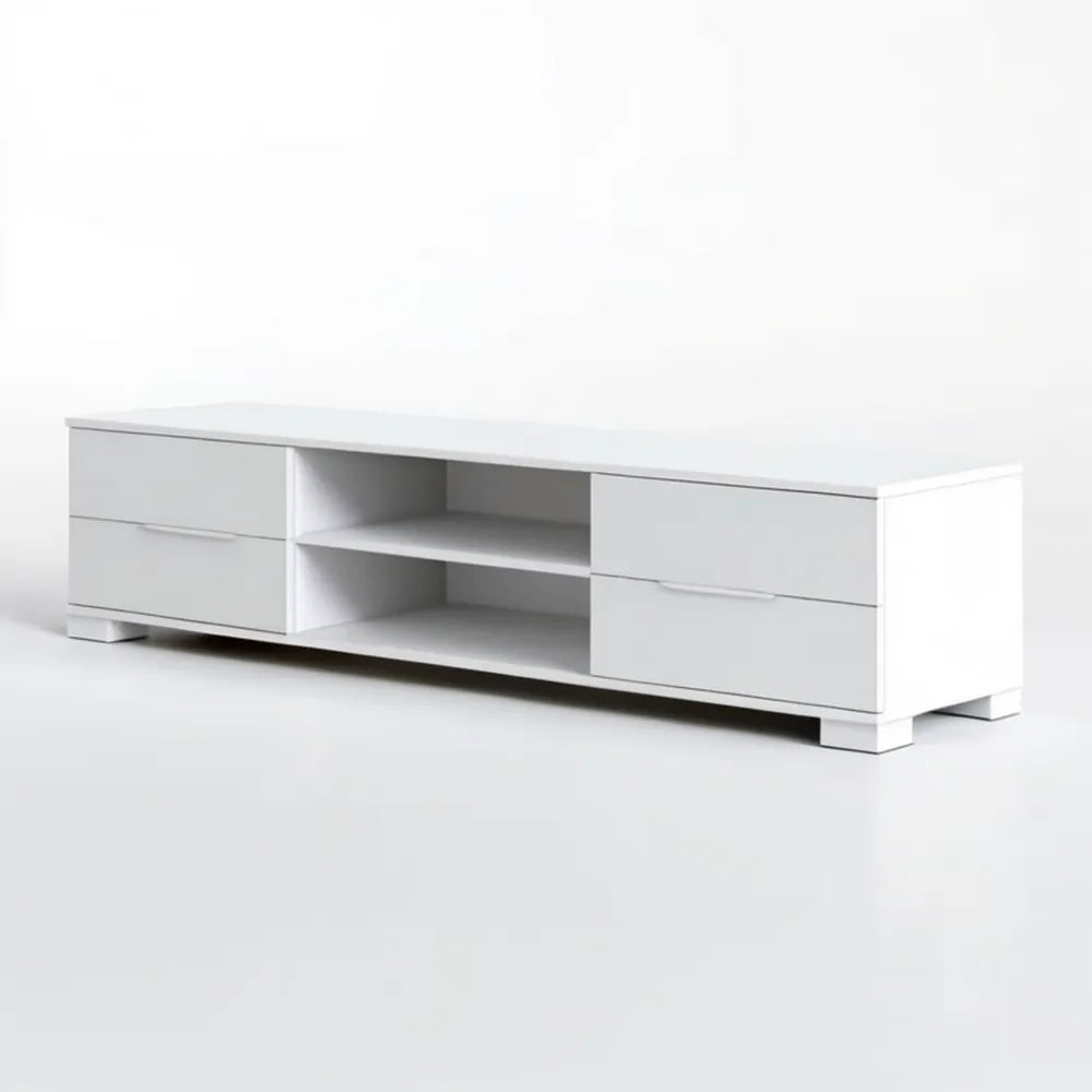 Biała szafka RTV z płyty MDF 160 x 40 x 45 cm, 4 szuflady i 2 otwarte wnęki