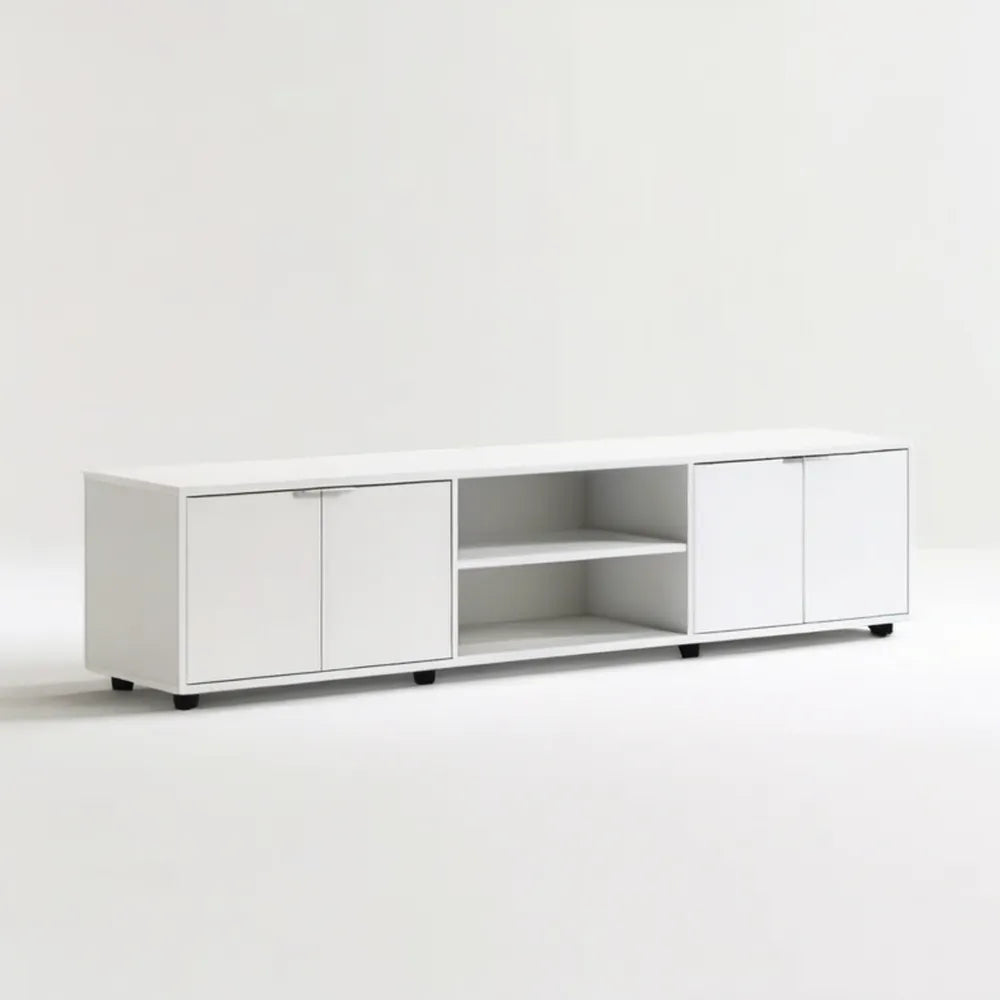 Biała szafka RTV 180 x 40 x 45 cm z 4 drzwiami i otwartymi półkami