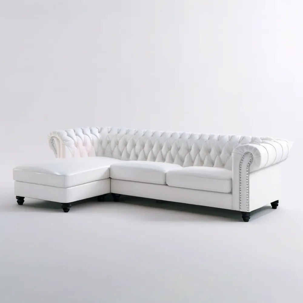 Biała sofa narożna L z lewostronnym szezlongiem, pikowana, 280 x 170 x 78 cm